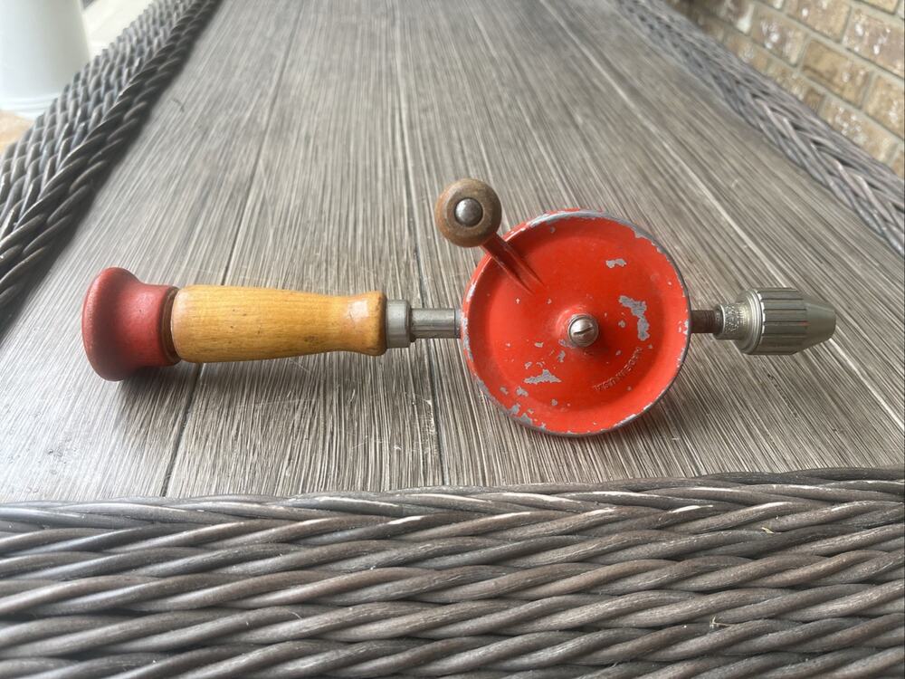 Vintage Crank Drill Red Gear Hand Manual Collectible Tool Good Condition